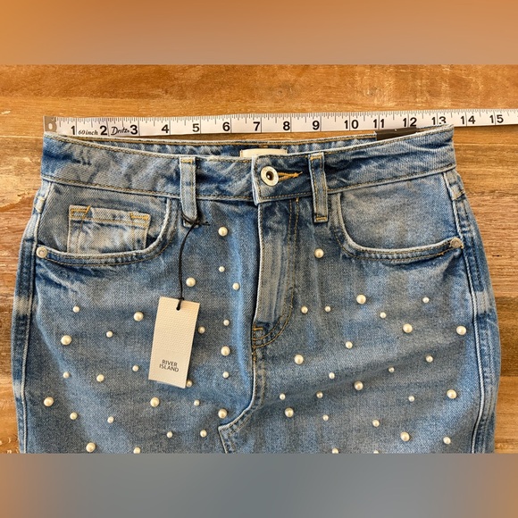 River Island Blue Denim Mini Skirt with Pearl Embellishments, Size 6 NWT - Picture 13 of 14